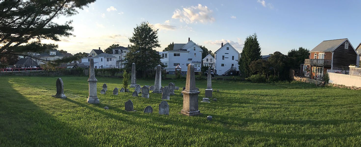 Color Panoramic Photo of Small New England Cemetery.